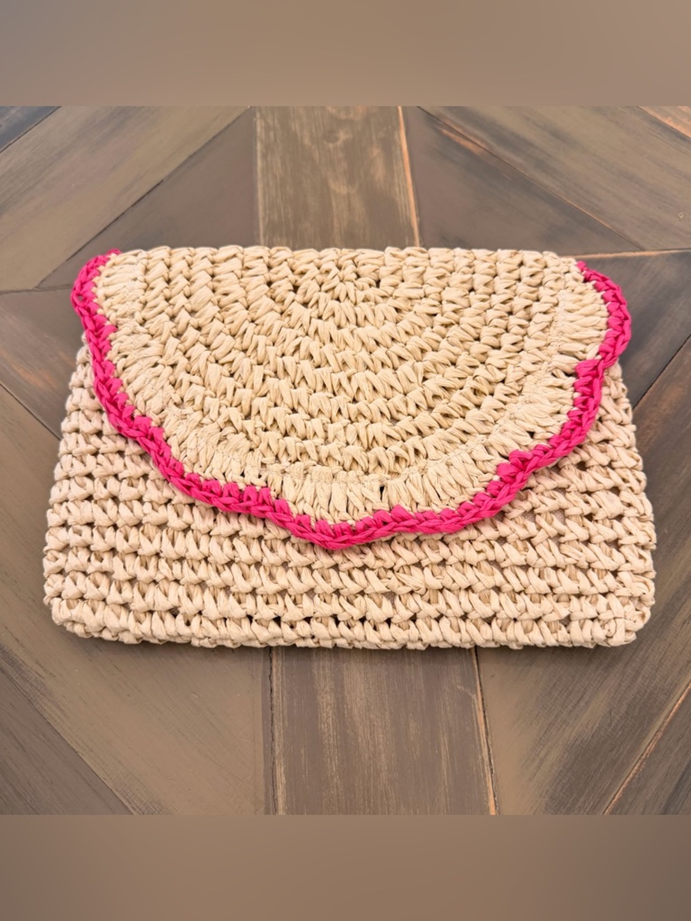 Handwoven Straw Clutch with Hot Pink Trim